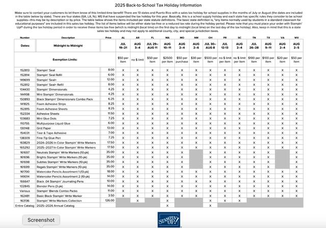 2025 Back to School Tax Holiday Chart